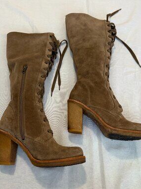 UGG Sofia Tall Lace Up Boots Brown Suede Shearling Heels Womens US 7